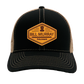 Custom Leather Disc Golf Hat - PDGA Player Badge - Black & Tan Trucker Hat