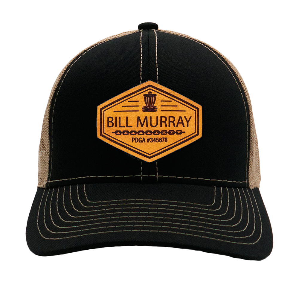 Custom Leather Disc Golf Hat - PDGA Player Badge - Black & Tan Trucker Hat