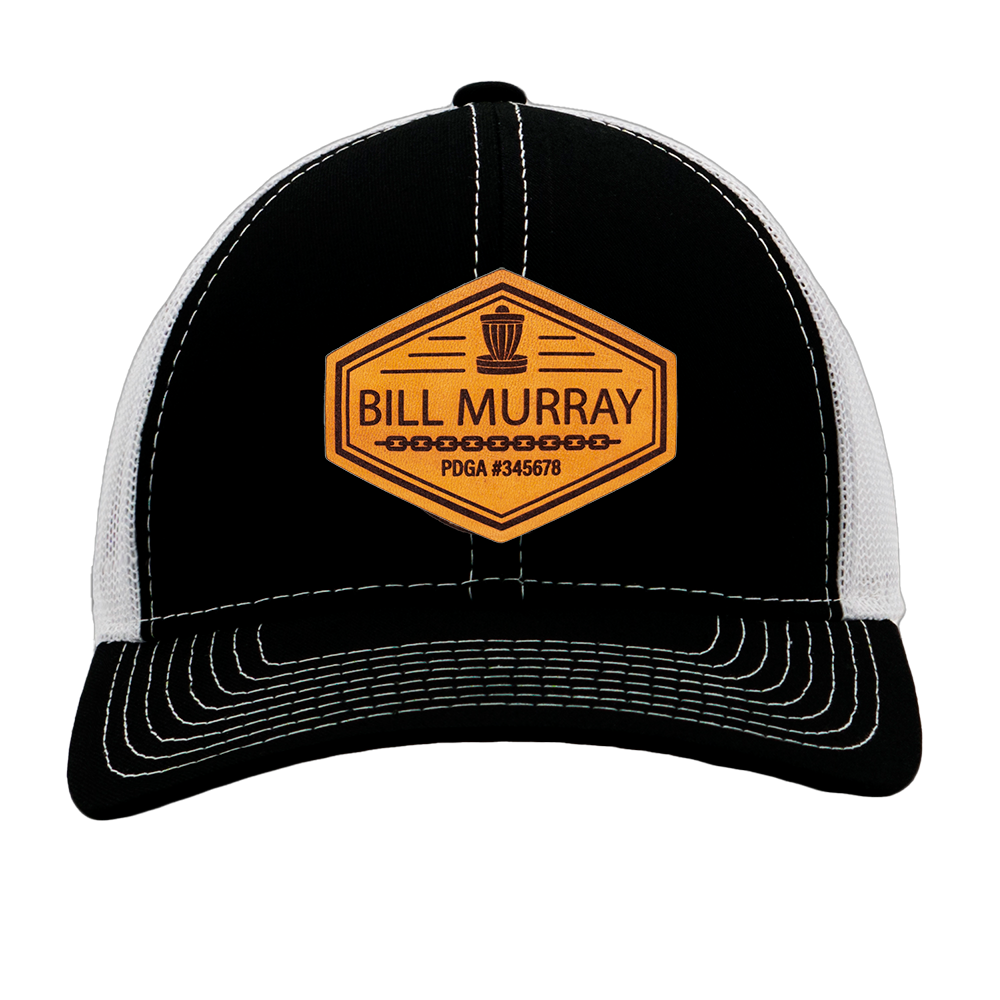 Custom Leather Disc Golf Hat - PDGA Player Badge - Black & White Trucker Hat