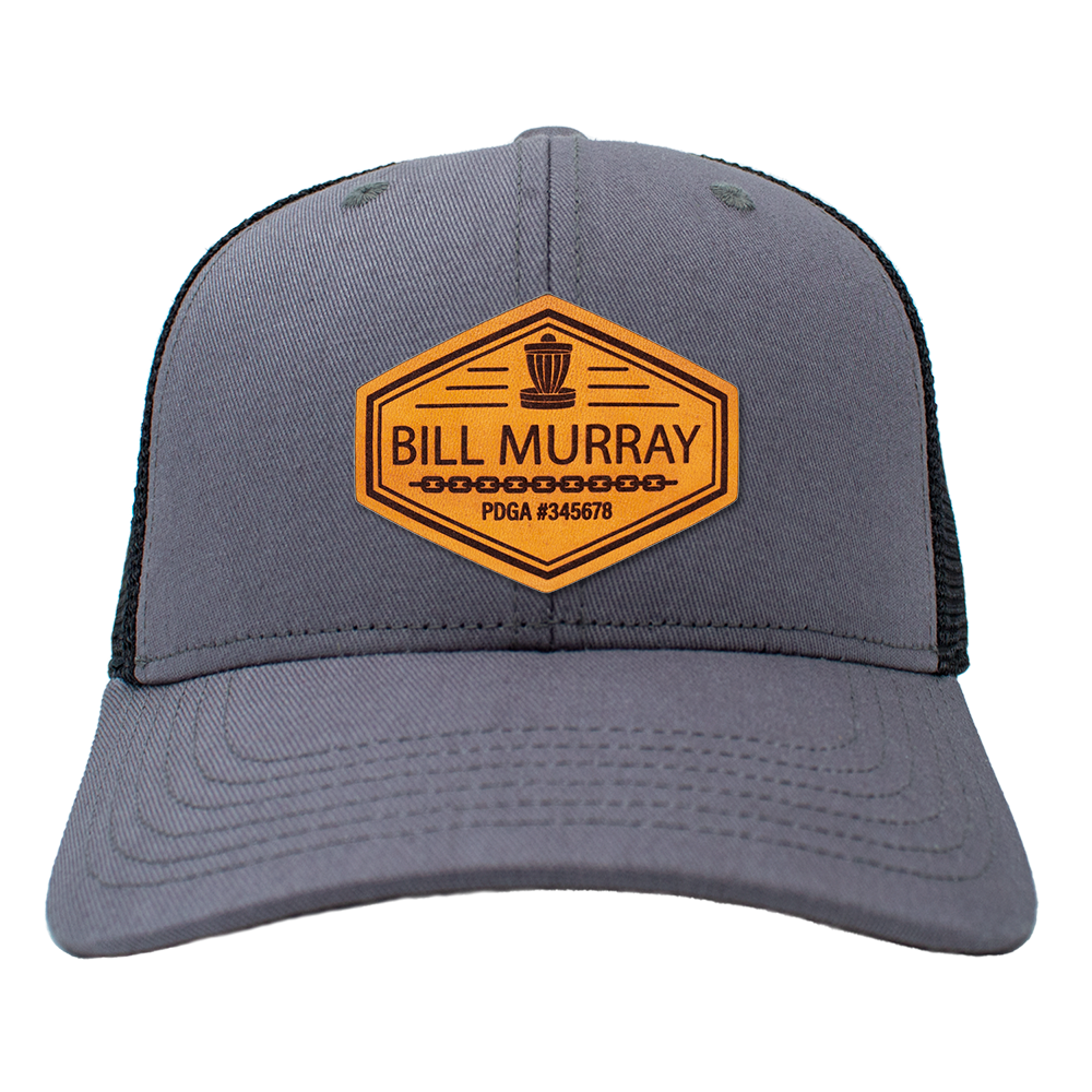 Custom Leather Disc Golf Hat - PDGA Player Badge - Gray & Black Trucker Hat