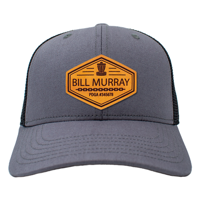 Custom Leather Disc Golf Hat - PDGA Player Badge - Gray & Black Trucker Hat