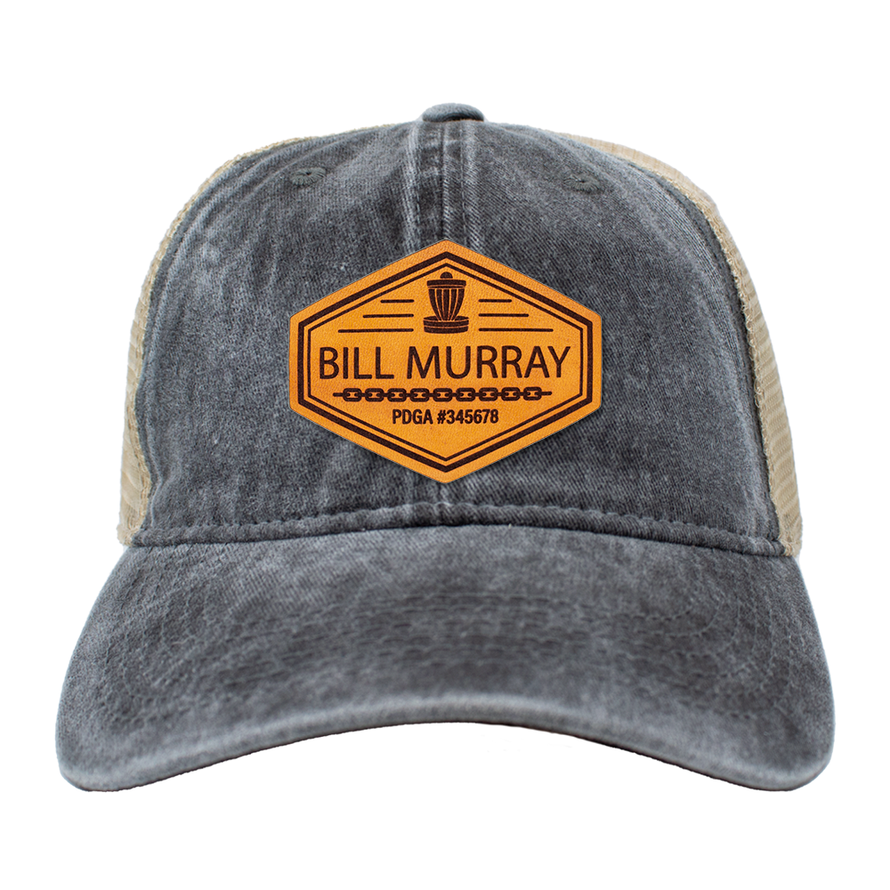 Custom Leather Disc Golf Hat - PDGA Player Badge - Charcoal and Tan Trucker Hat