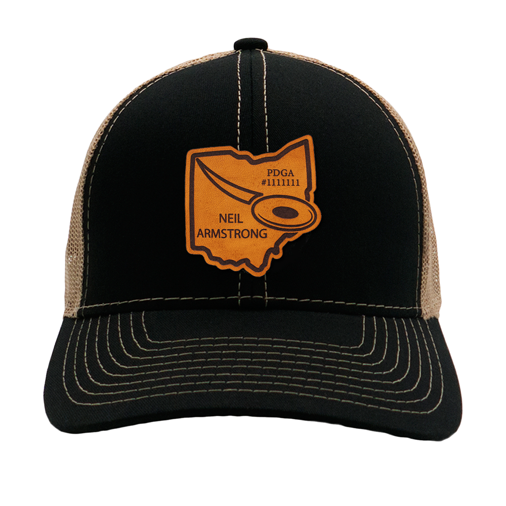 Custom Leather State Disc Golf Hat - PDGA Player Badge - Black & Tan Trucker Hat