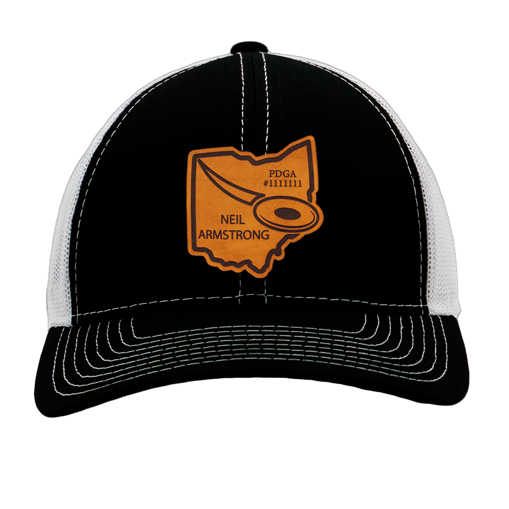 Custom Leather State Disc Golf Hat - PDGA Player Badge - Black & White Trucker Hat