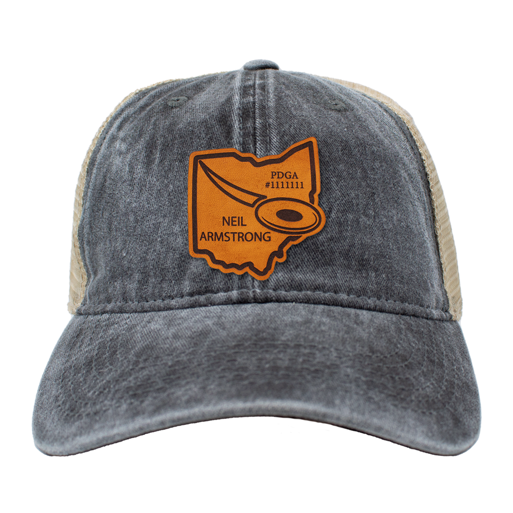 Custom Leather State Disc Golf Hat - PDGA Player Badge - Gray & Tan Trucker Hat