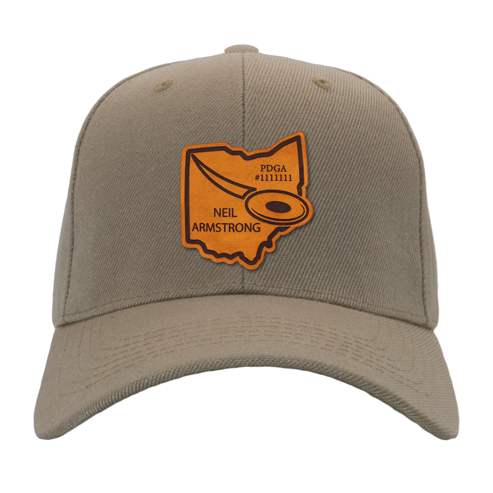 Custom Leather State Disc Golf Hat - PDGA Player Badge - Tan Ballcap