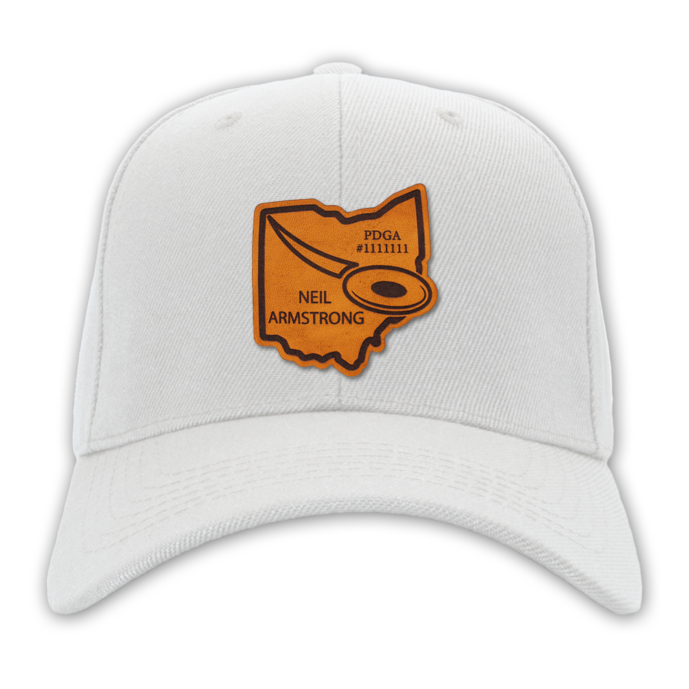 Custom Leather State Disc Golf Hat - PDGA Player Badge - White Ballcap