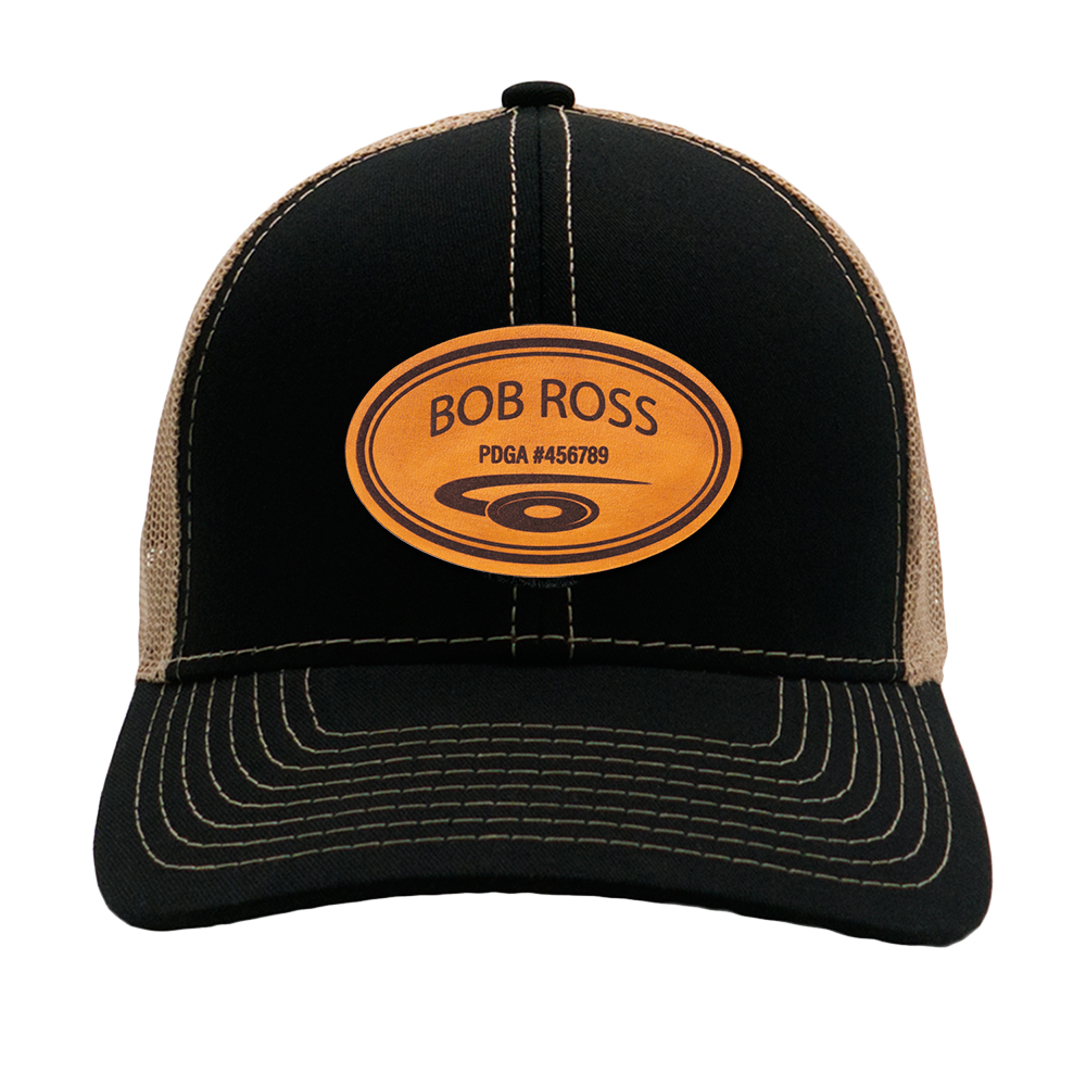 Custom Engraved Leather Disc Golf Hat - PDGA Player Badge - Black & tan trucker cap