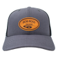 Custom Engraved Leather Disc Golf Hat - PDGA Player Badge - Gray & black trucker cap