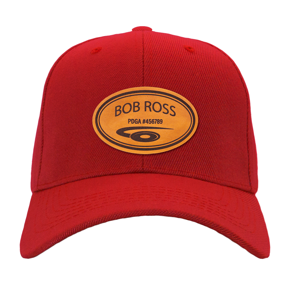 Custom Engraved Leather Disc Golf Hat - PDGA Player Badge - Red ballcap